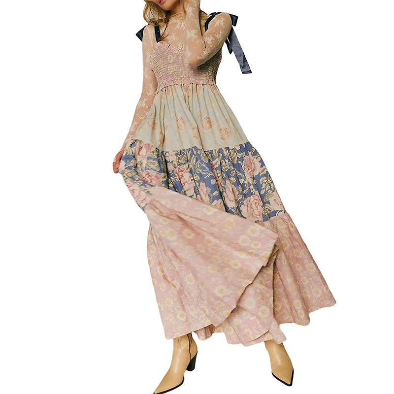 Retro ผู้หญิงฤดูร้อนชุดกระโปรงยาว Bohemian พิมพ์ชุดราตรี Sundress Casual หลวม Patchwork จีบ Maxi Dresses Vestido