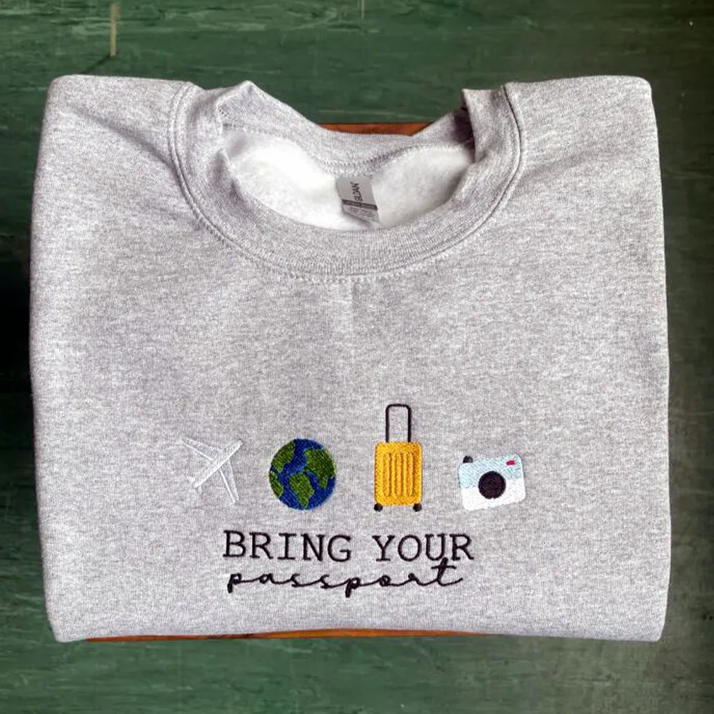 Bring Your Passport Cute Travel Element Embroidered Unisex Gray Sweatshirts Autumn Winter Thick Fleece Cotton Crewneck Pullover