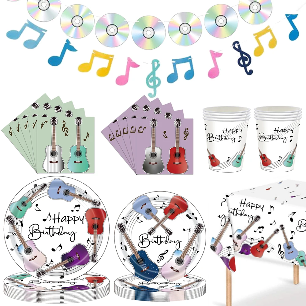 Décorations de fête à thème musical, guitare, fête d'anniversaire, vaisselle jetable, bannière musicale joyeux anniversaire pour fournitures Rock pour bébé