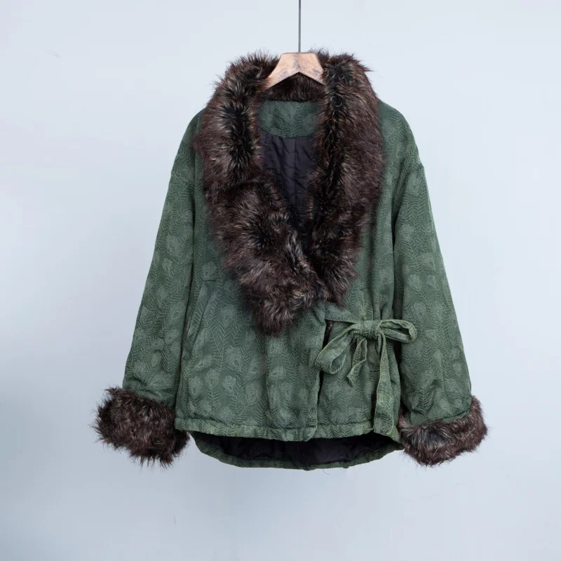 سترة قطنية مطبوعة عرقية عتيقة، معطف مبطن كبير الحجم مع ياقة فرو للنساء، ملابس خارجية بوهيمية شتوية دافئة بأربطة #1