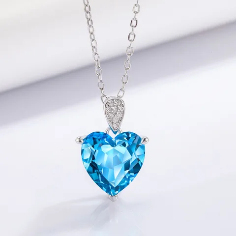 Women's Exquisite 925 Sterling Silver Necklace with Blue Zircon Crystal Love Heart Pendant Charm Jewelry Gift