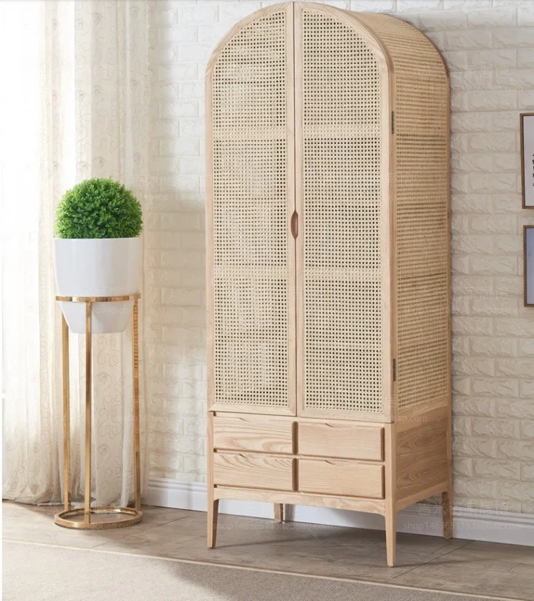 Nordic solid wood rattan wardrobe dormitory double door wardrobe, American log bedroom cabinet small apartment bed and