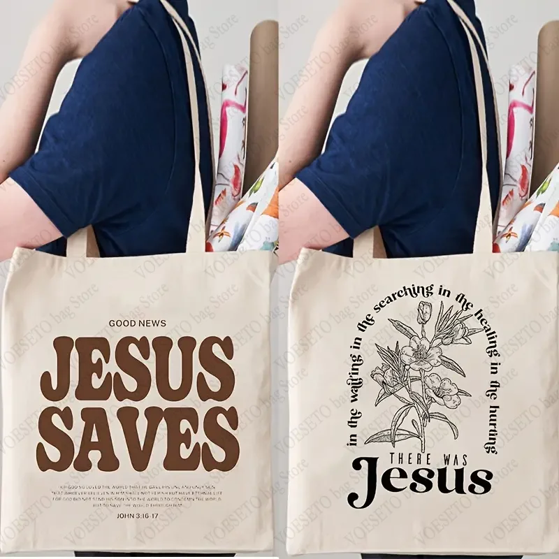 Cood News Jesus Saves Pattern Canvas Shoulder Tote Bags Casual Shopping Tote Christ Religion Christian Faith Shopper HandBag