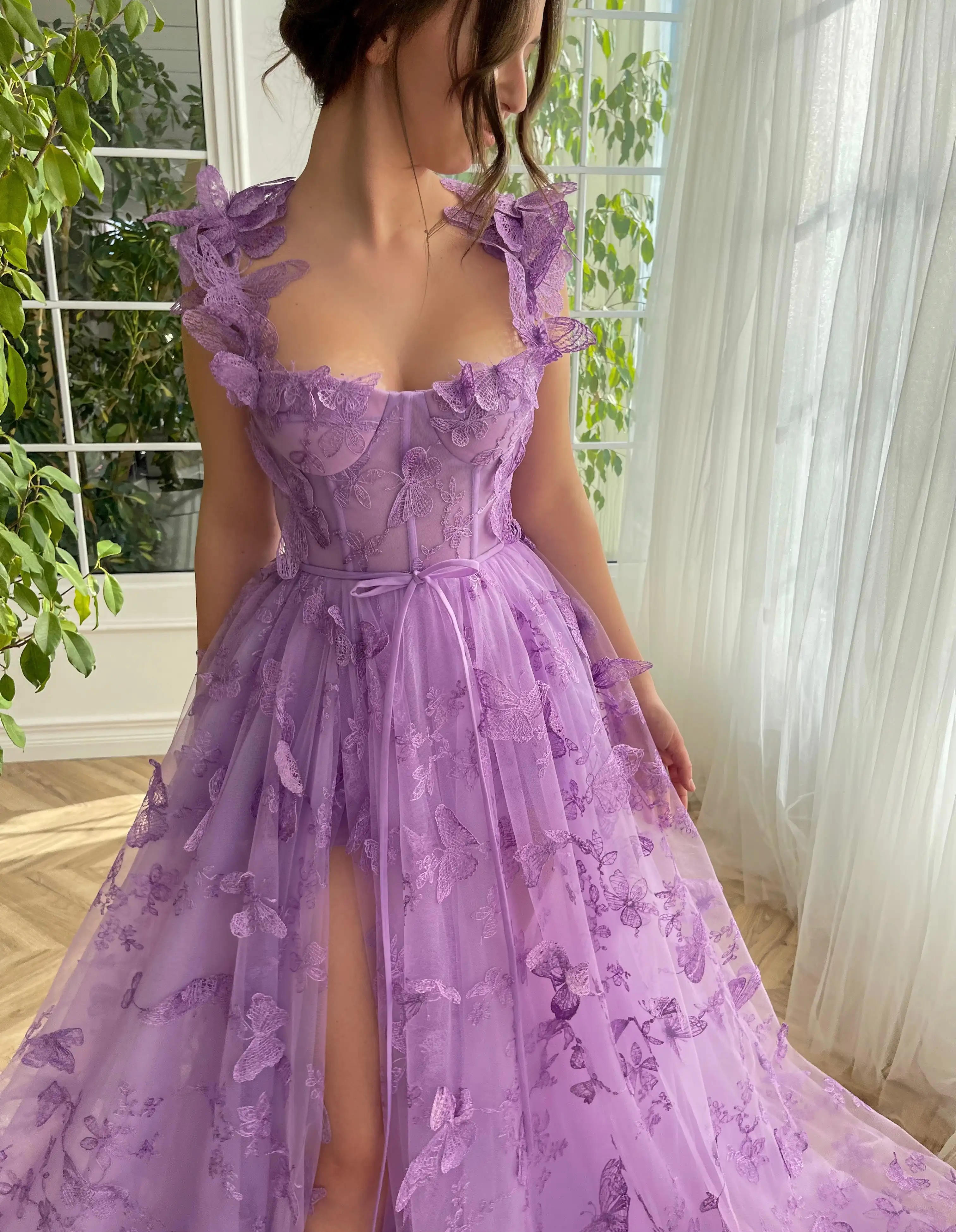 Lilac Lace Prom Dresses 2024 Butterfly Spaghetti Straps Sweetheart A Line with Pocket Belt Hi-lo Corset Zipper Back Evening Gown