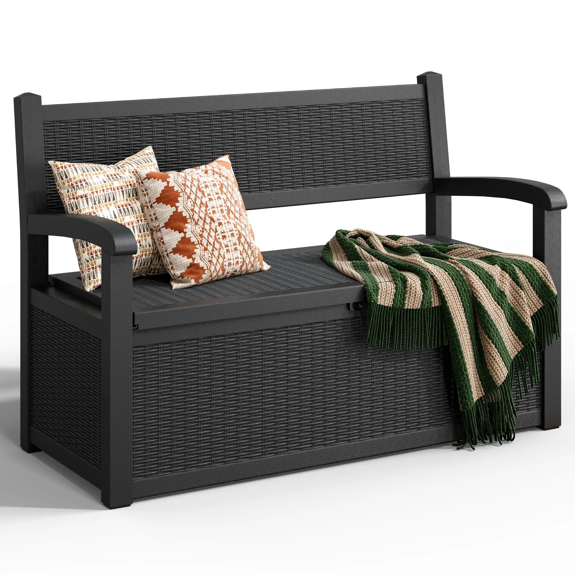 80 Gallon Outdoor Storage Bench, Resin Outdoor Storage Box with Armrest, Lockable Deck Boxes Outdoor Waterproof and UV