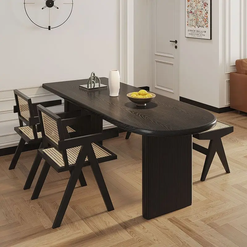 Nordic creative solid wood semi-circular arc dining table wabi-**** wind black retro ash wood small apartment island table again