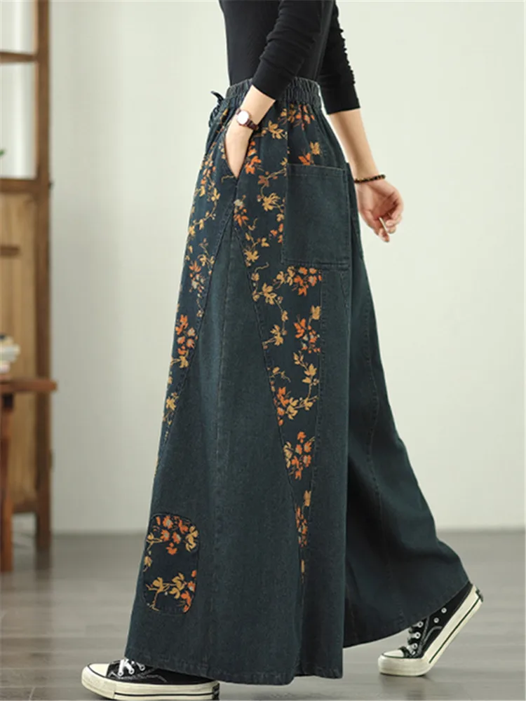 

Large Size Denim Wide Leg Pants for Women's Spring Print Elastic Loose Fit Casual Versatile Jeans Straight Trousers Pantalones