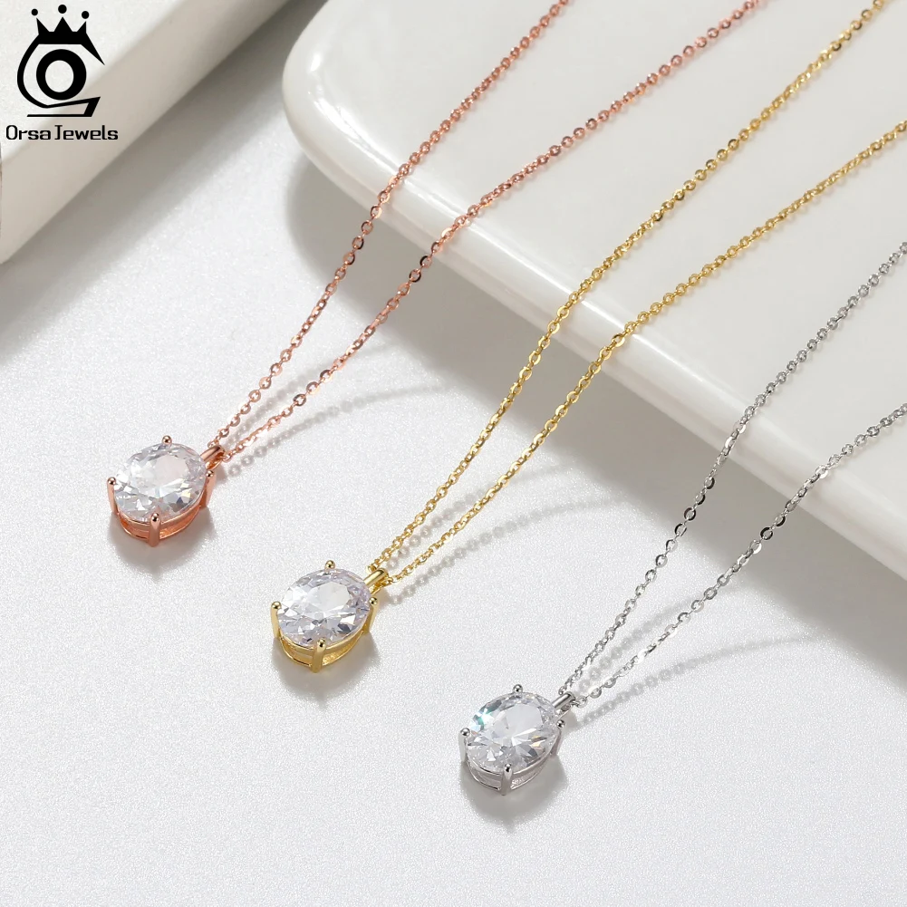 ORSA JEWELS Single Zirconia Pendant 925 Sterling Silver Elegant Women Necklace Chain Jewelry Birthday Gift for Women Girls APN11