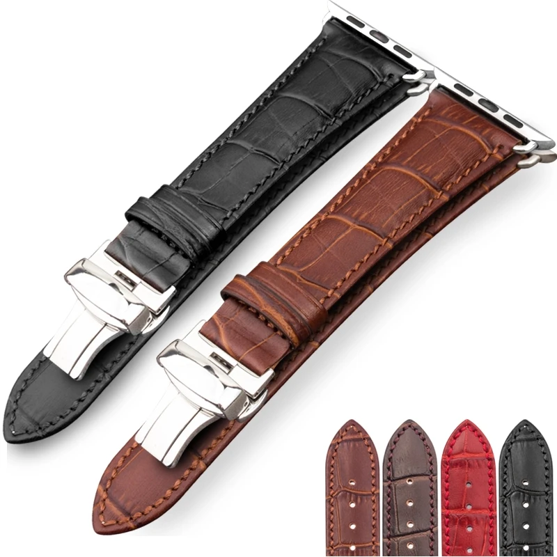 

Genuine Leather Strap For Apple Watch Band 44mm 40mm 42mm 38mm Crocodile Bracelet Correa Iwatch Series 7 SE 6 5 4 3 45mm 41mm