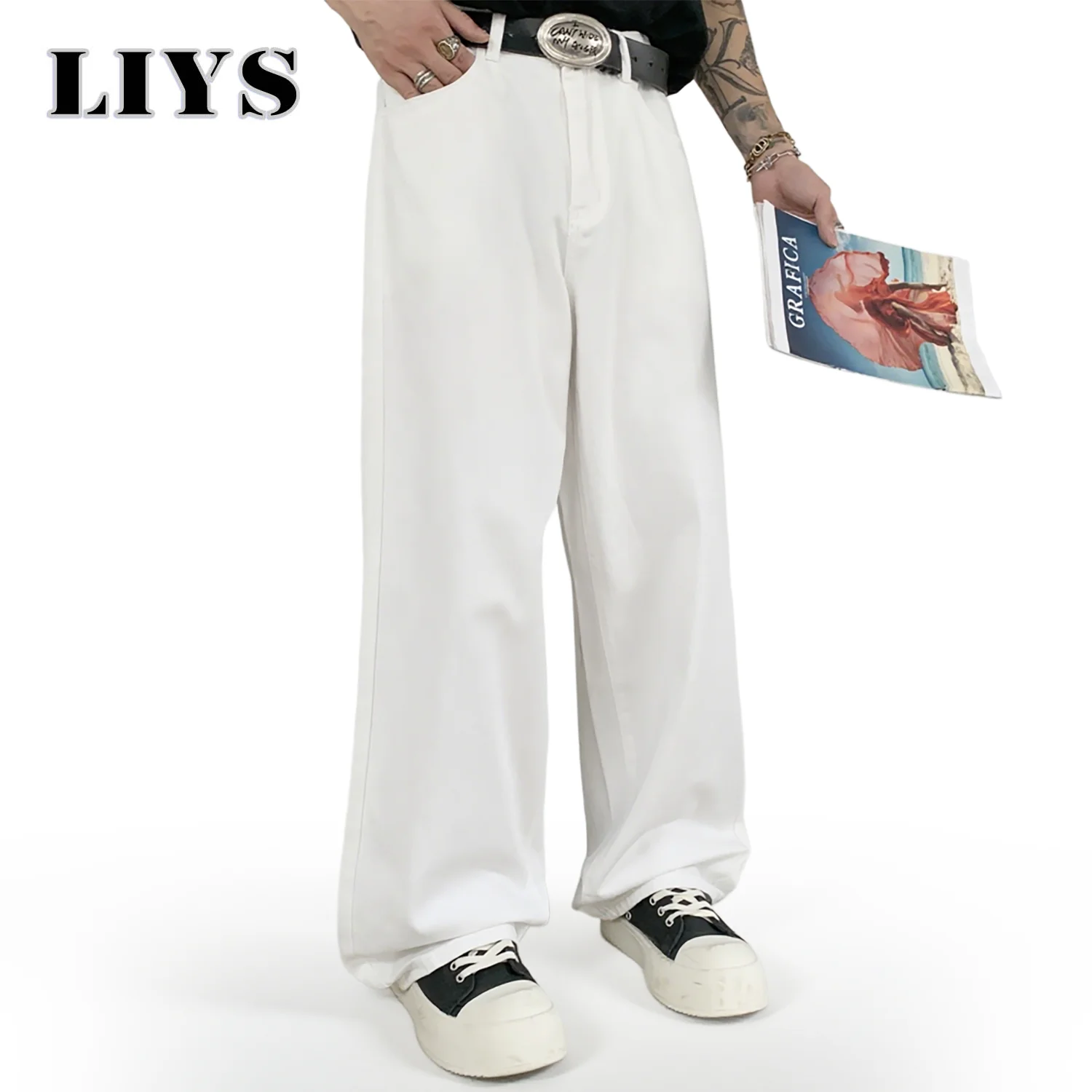 ตรงกางเกงยีนส์ผู้ชายสีขาวหลวมกางเกงยีนส์Unisex Trend Neutralกางเกงยีนส์ผู้ชายBaggyสบายๆกางเกงผู้หญิงHip Hopกางเกงยีนส์