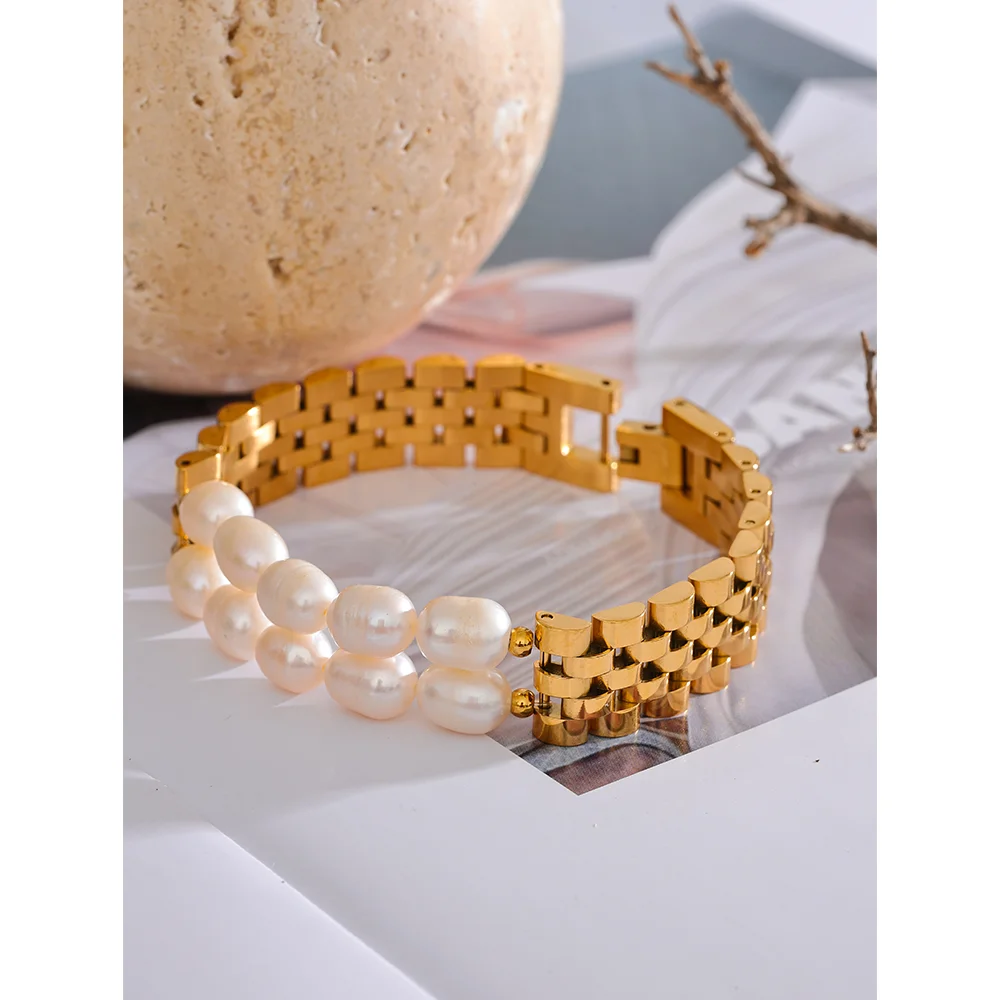 Yhpup Luxury Natural Pearls Cuban Chain 316L Stainless Steel Bracelet Bangle High Quality Women Gold Color Premium Jewelry Gift