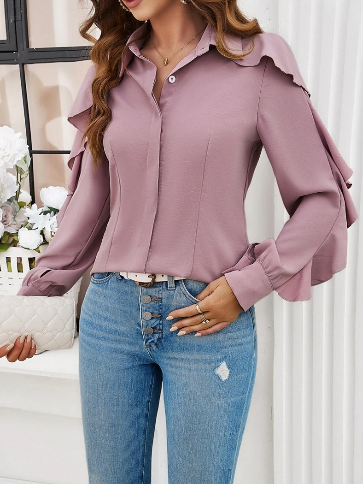 Fashion Woman Blouse 2024 Spring Ruffled Decor Casual Solid Color Turn-Down Collar Long Sleeved Button Daily Shirt Top