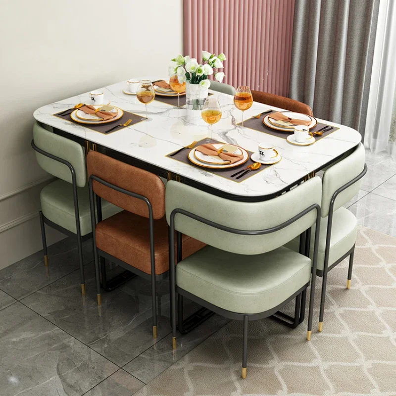 

Space-Saving Light Luxury Small Apartment Retractable Stone Plate Dining Tables and Chairs Set Nordic Home Modern