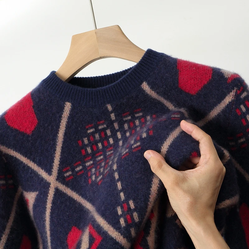 Autumn And Winter New Pure Wool Men's Round Neck Jacquard Sweater Thickened Warm Knit Loose Cashmere Bottoming Shirt