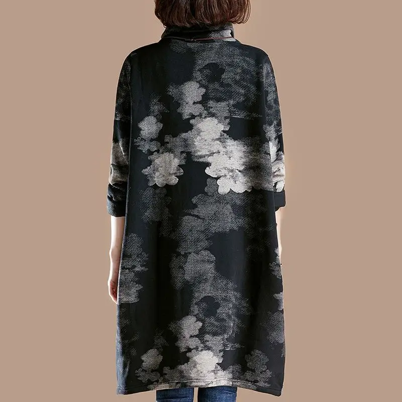 Vestido grueso de felpa holgado de manga larga para mujer, cuello alto minimalista, bolsillo estampado, informal, versátil, moda de otoño e invierno