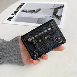 Mini Short Women Wallets Genuine Leather Snapped Flap Coin Purse With Rivet Brand Design Grained Cowhide Billfold Trifold Wallet