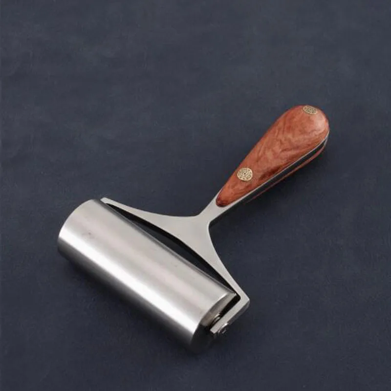 Rol tepi kulit 304 baja tahan karat, roda lem kerajinan kulit buatan tangan DIY dengan pegangan mahoni 25MM/52MM/90MM