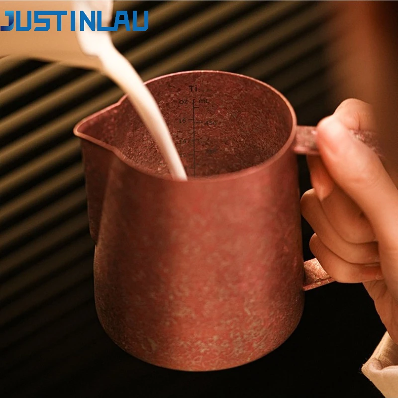 

JUSTINLAU 600ml Titanium Milk Pitcher Antibacterial Latte Art Milk Frothing Jug Espresso Milk Steaming Pitcher for Barista Tools