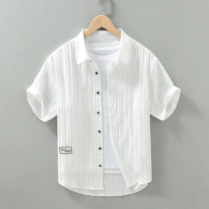 Men's Summer Short Sleeve Button All-match Youth Harajuku Blouse Solid Loose Thin Ice Silk Shirt Tops Fashion Casual Men Clothes