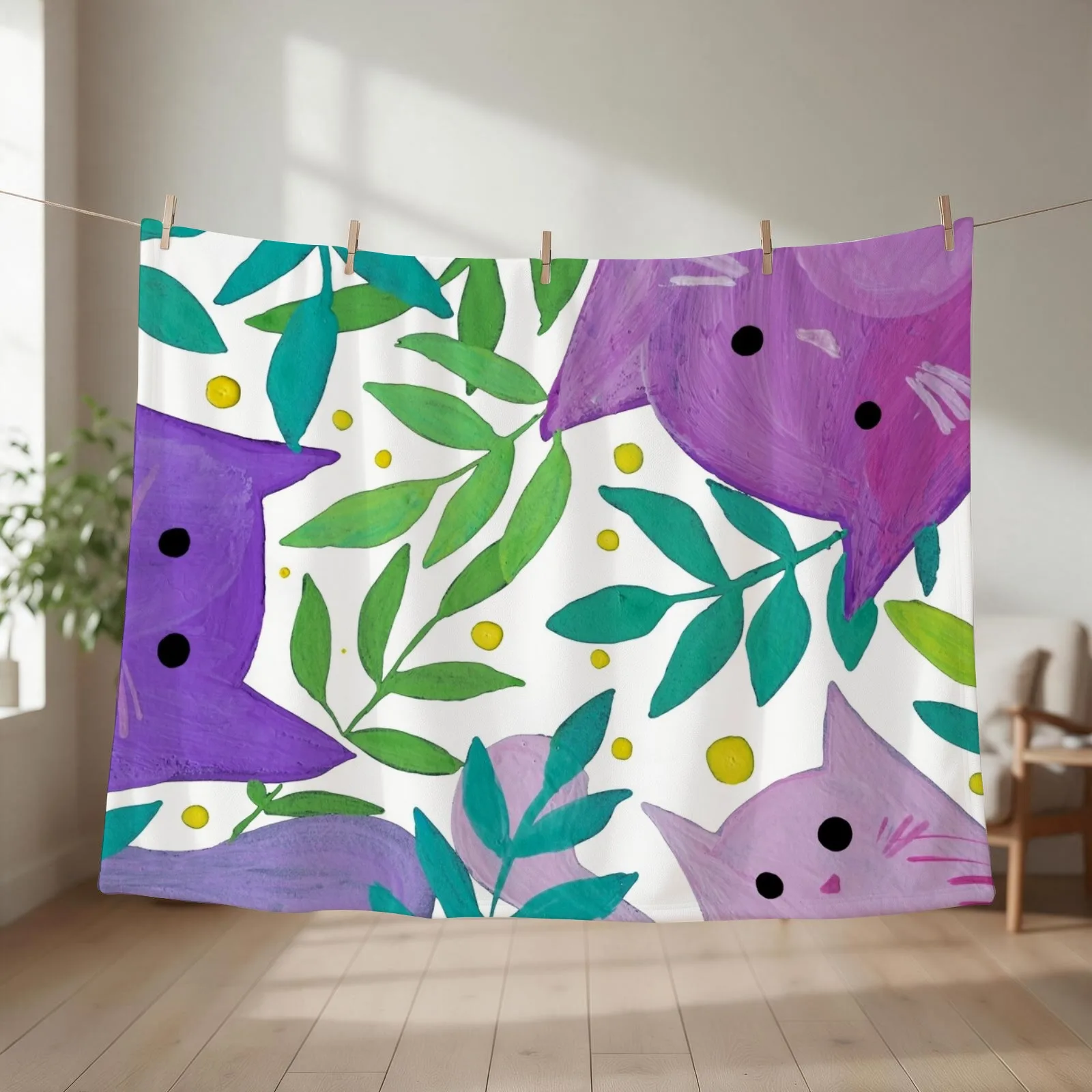 Cats and branches - purple and green Throw Blanket couch cozy soft plush fuzzy picnic outdoor blanket