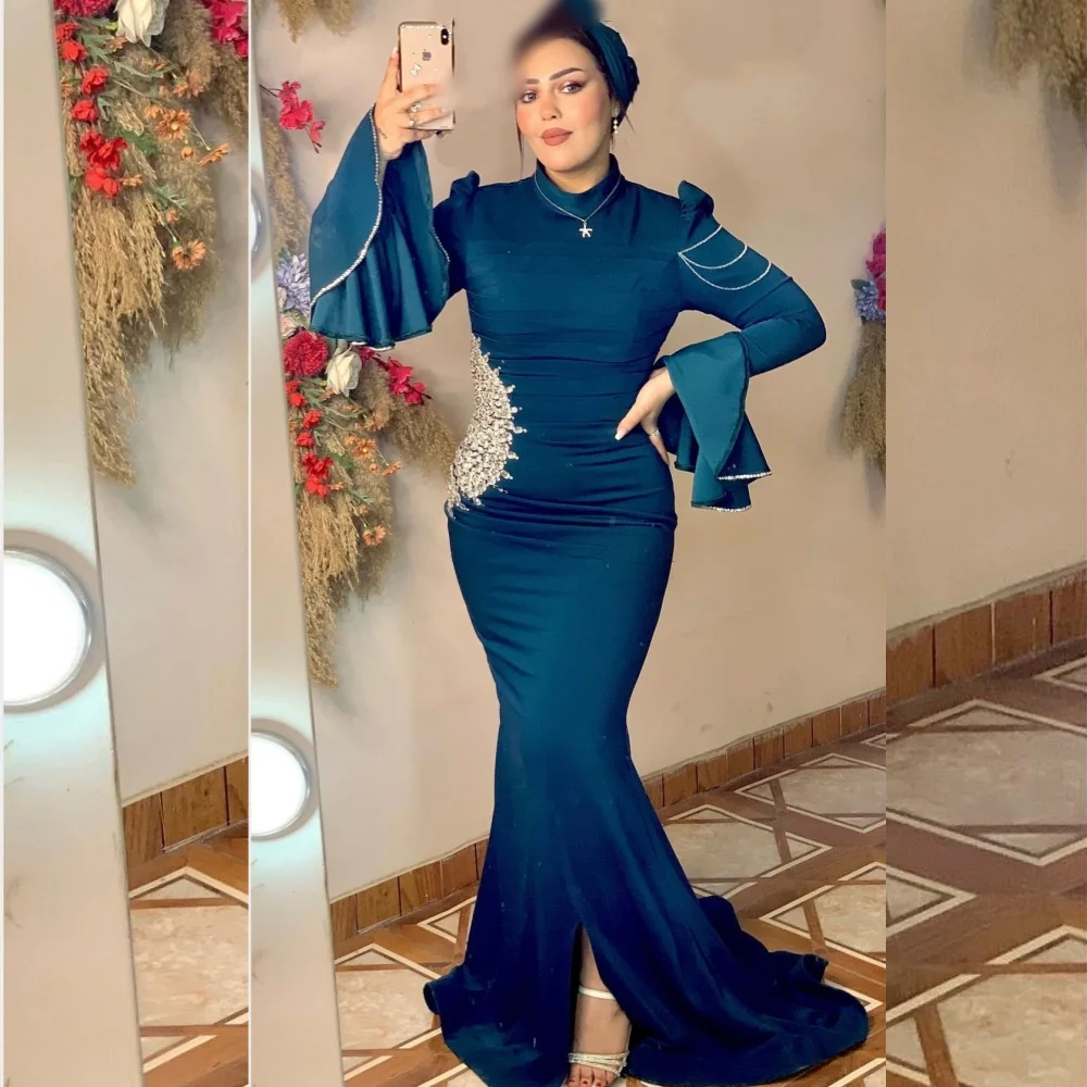 

Customized Exquisite Matching Jersey Sequined Pleat Trumpet High Collar Long Dresses Bespoke Occasion Simple