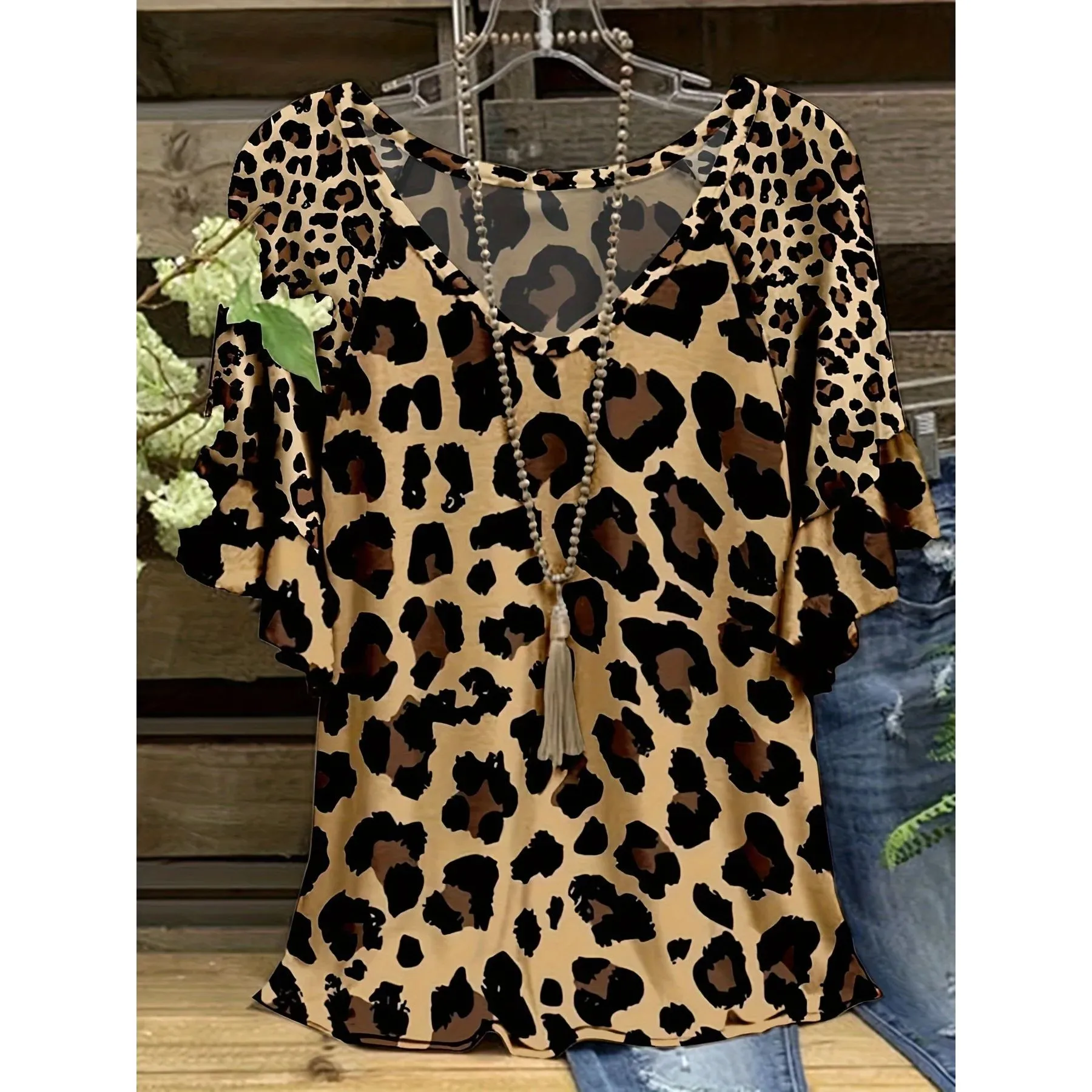 

plus Size Women's Casual Faion V-Ne Leopard Print T-irt Comfortable Fit Ladies Top for Pear aped Women