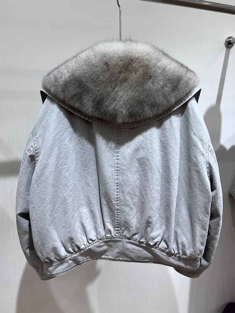 2025 Autumn Winter Women's Goose Down Coats Denim Jacket Natural Real Fox Fur Collar Outwear Luxury Female Jacket