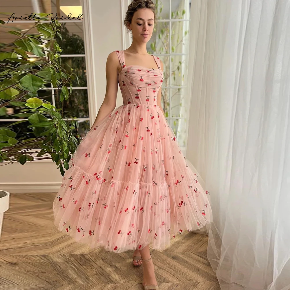 Arietta-Vestidos Midi de tul de cereza rosa, vestidos de fiesta de noche sin tirantes, línea A, largo hasta el té, vestidos cortos de Graduación