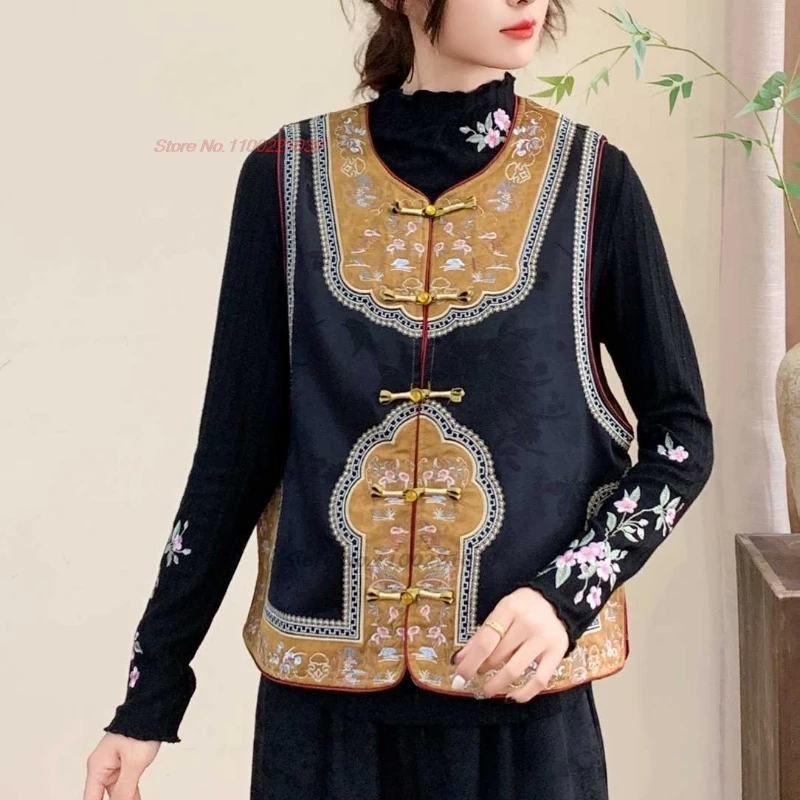 

Китайский винтажный жилет 2025 года, атласный жаккардовый этнический жилет с национальной цветочной вышивкой, традиционная куртка без рукавов с v-образным вырезом, народный жилет