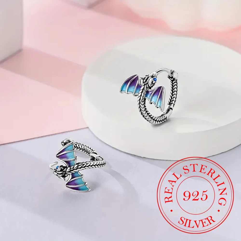 

925 Sterling Silver Dragon Wings Hoop Earrings For Woman Christmas Gift Piercing Jewelry Aretes De Mujer Party Gifts Thai Silver
