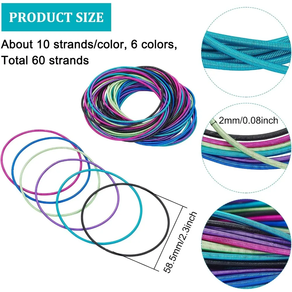 60Pcs 6 Colors Guitar String Bracelets 2mm Metal Stackable Stretch Bracelets for Coil Jewelry Spiral Bracelet 10pcs/Color