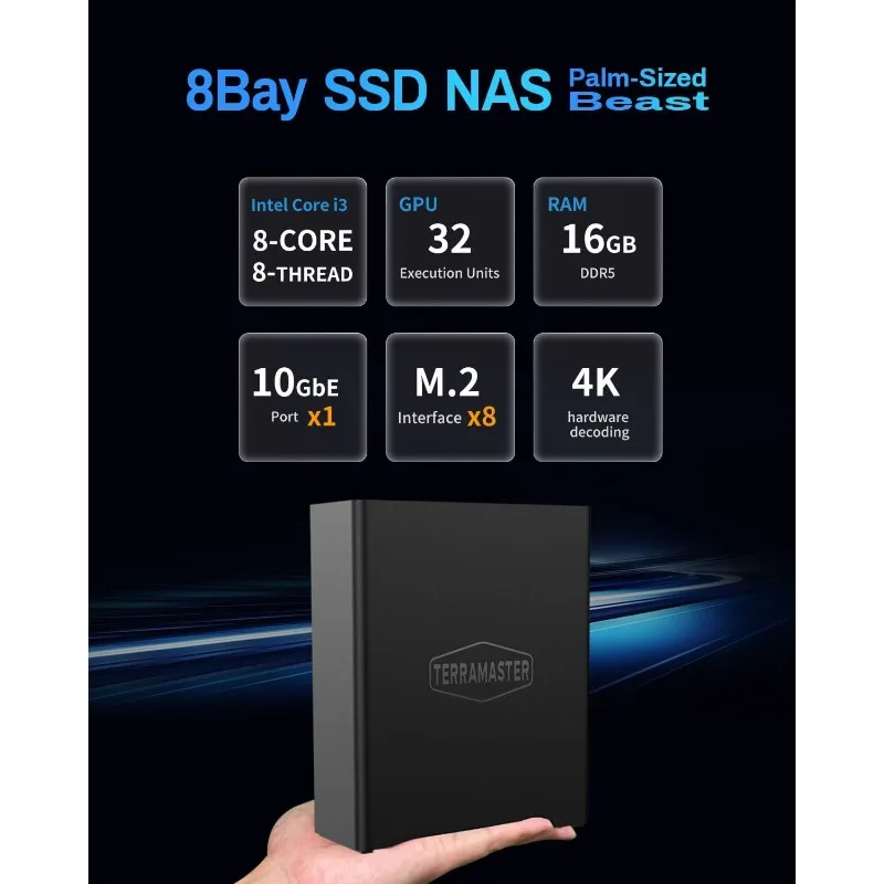 F8 SSD Plus NAS - 8Bay All SSD NAS Storage Core i3 8-Core 8-Thread CPU, 16GB DDR5 RAM, 10GbE Port, 8 Heat Sinks Included