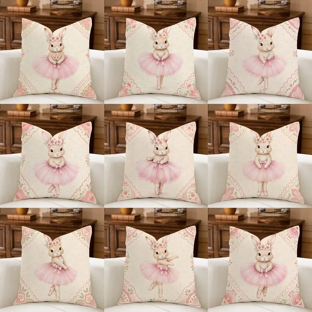 Cute pink Girls Ballerina Bunny Cushion Cover Natural Breathable Durable Linen Printed Decor Pillow Case Sofa Bedroom