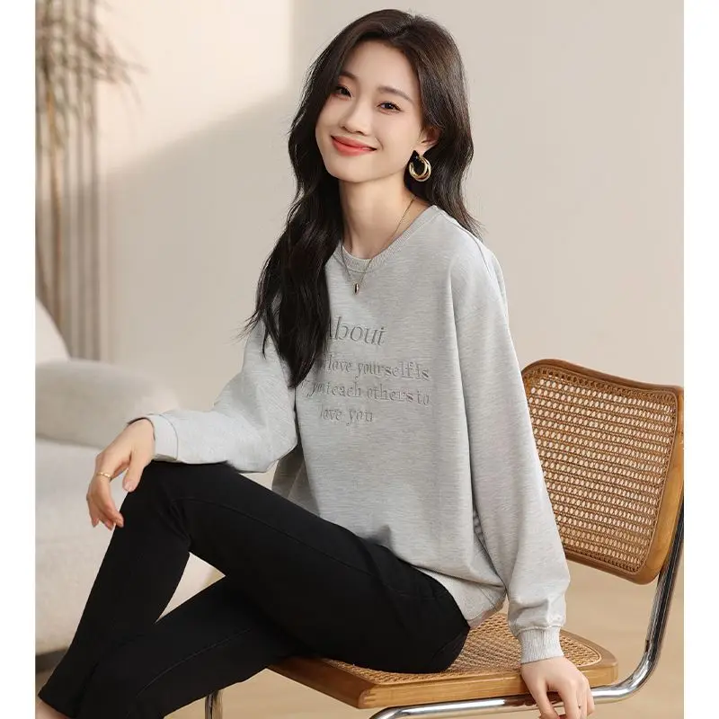 2024 Spring Autumn Women's New Splicing Pullovers O-Neck Embroidery Letter Fashion Solid Loose Casual Long Sleeve Sweatshirts
