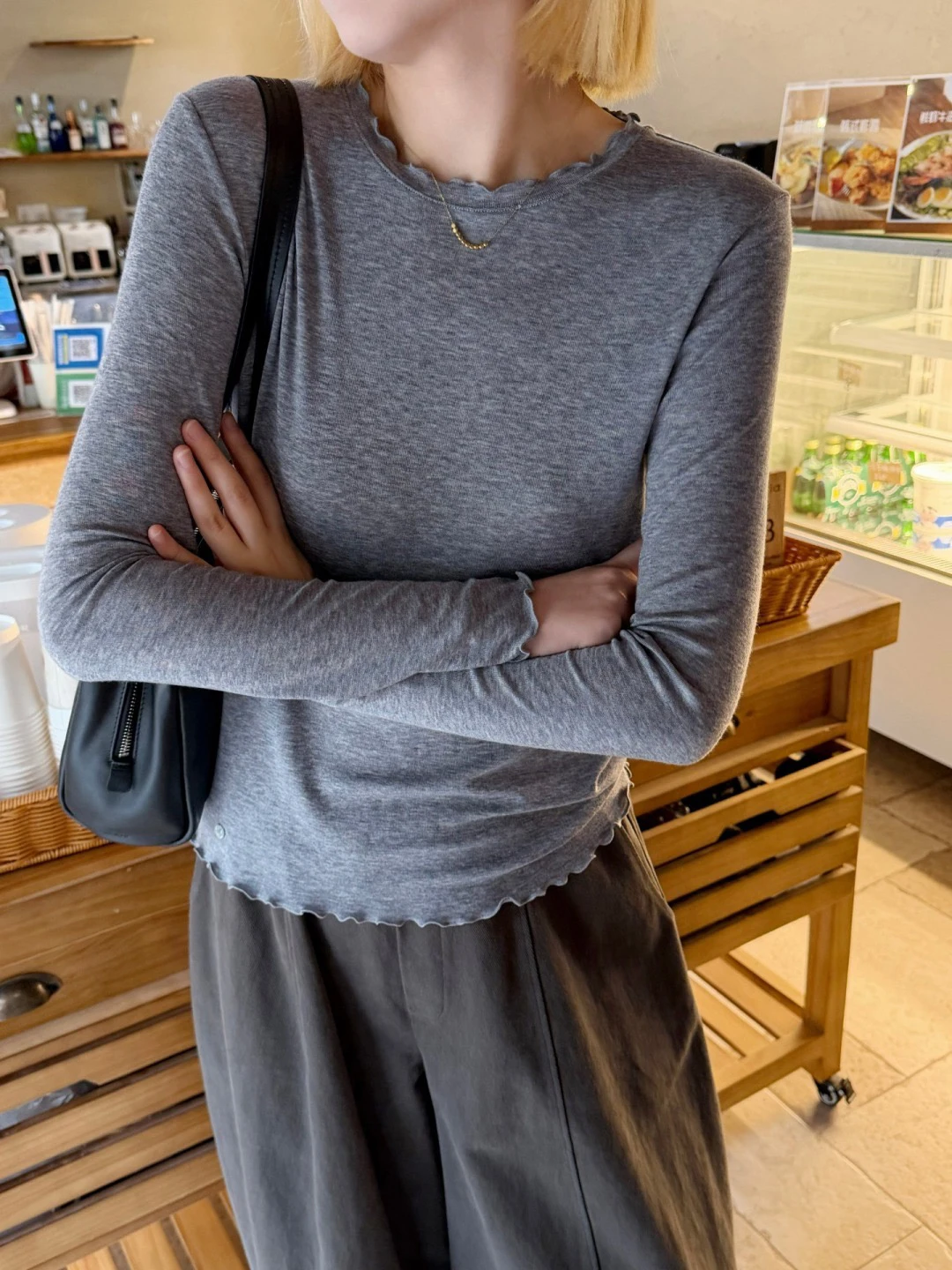 Seawhen Korean Style Wool T-Shirt Soft Comfortable Earlet Lace Trim Layering Shirt Skin-friendly Long Sleeve round Neck Top
