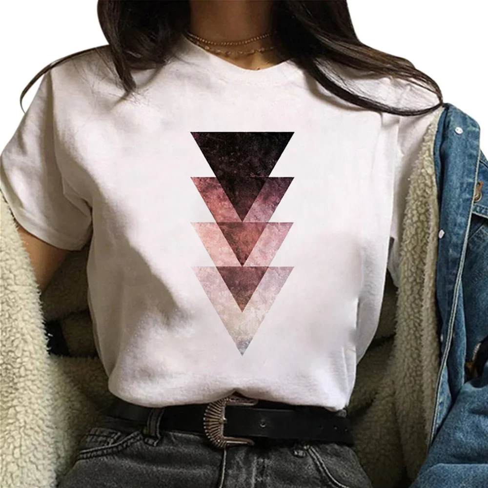 Bela geometria impressa gráfico t-shirt, feminino manga curta Tee, E25, tops bonitos