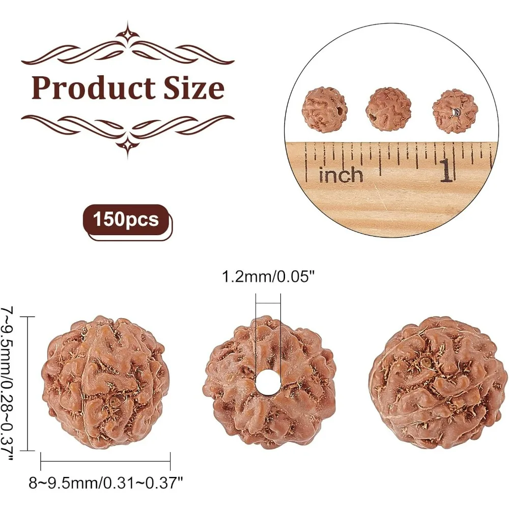 150Pcs Natural Rudraksha Loose Beads 8mm Round Wooden Bodhi Meditation Prayer Beads Undyed Dark Brown Seed