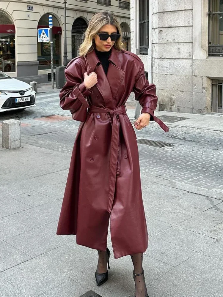 2024 Chic Burgundy Lace Up Oversized Leather Long Coats Women's Elegant Double Breasted Luxury Solid Jackets Lady Chic Outerwear