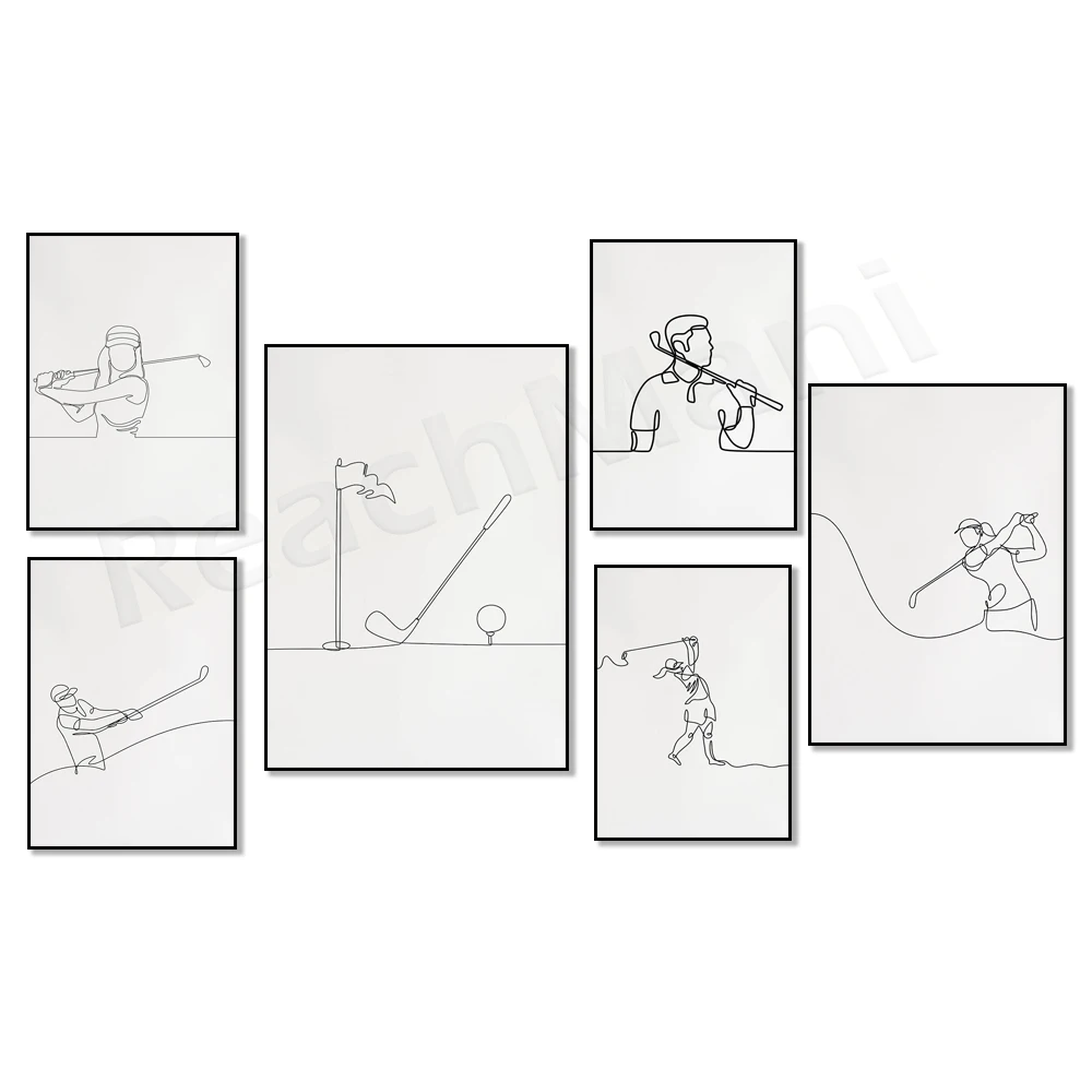 Minimalist golfer, golf bag, golf club line art, player equipment poster, black outline golf sketch canvas, golfer athlete gift