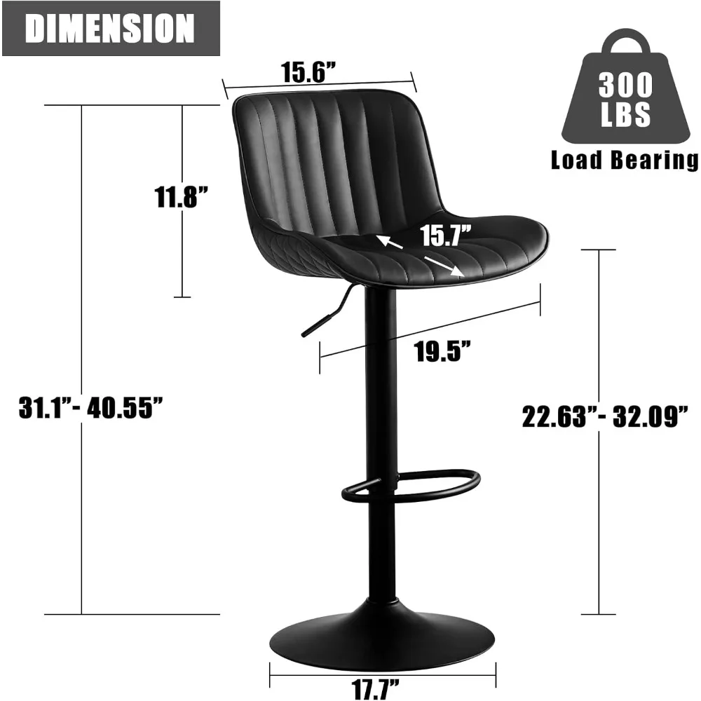 كراسي بارستول سوداء بارتفاع المنضدة ، مقاعد بار ، ظهر ، دوار ، جلد صناعي مرتفع ، جزيرة مطبخ ، كرسي حديث ، مجموعة من 2