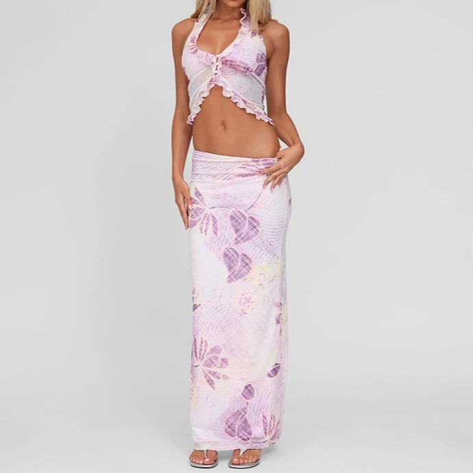 

Yaminiya Printed Sexy Party Two Piece Set Deep V Halter Crop Top Midi Skirts Bodycon 2 Pieces Set Women Vacation Summer Outfits