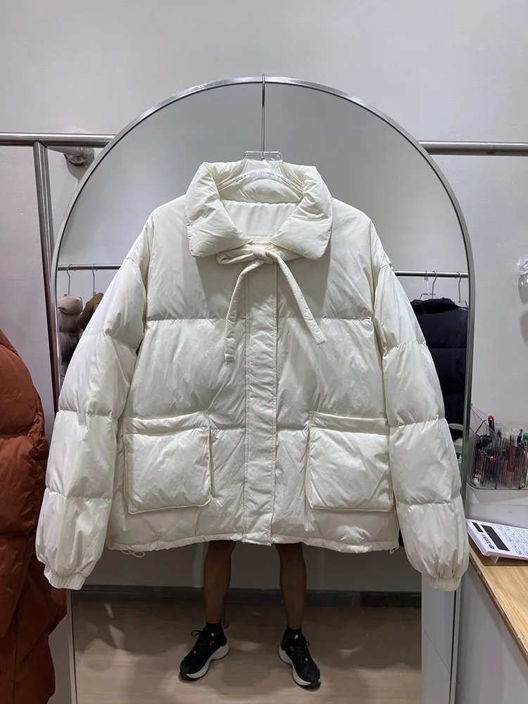 2025 winter new fashion down jacket women's short style fashion lace-up design casual versatile white duck down jacket