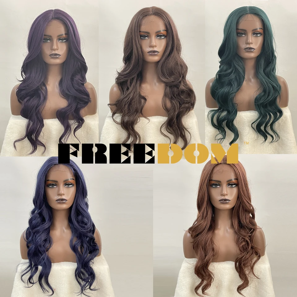 FREEDOM Synthetic Lace Front Wigs Body Wave Ombre Brown Dark Green Blue Lace Wigs For Black Women Heat Resistant Cosplay Wigs