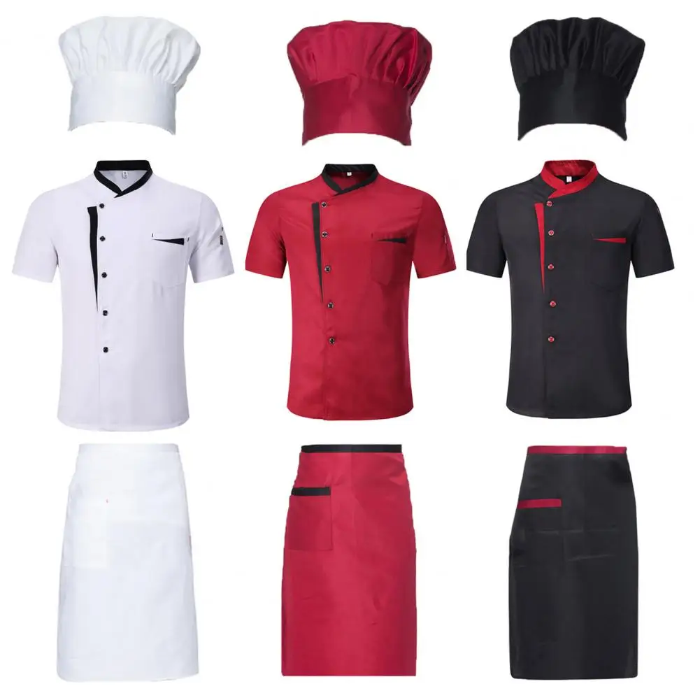 Ademende Chef-Kok Pak Professionele Hotel Keuken Chef Uniform Set Met Opstaande Kraag Schort Hoed Korte Mouw Shirt Voor Restaurant