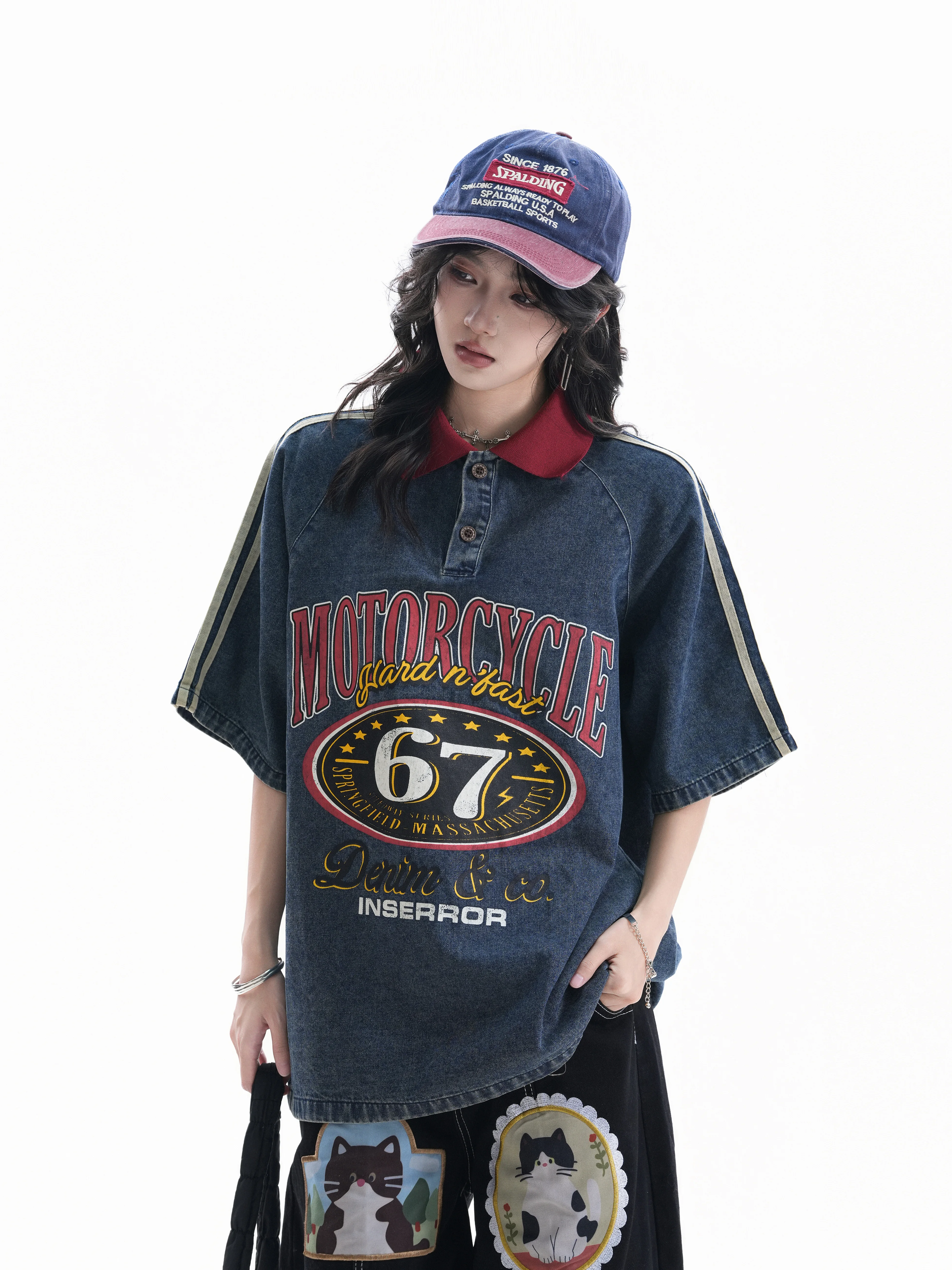 American Retro  Shirt T-Shirt Women Summer Denim Racing Style Couple Short Sleeve Loose Fit Cotton Chinese Made