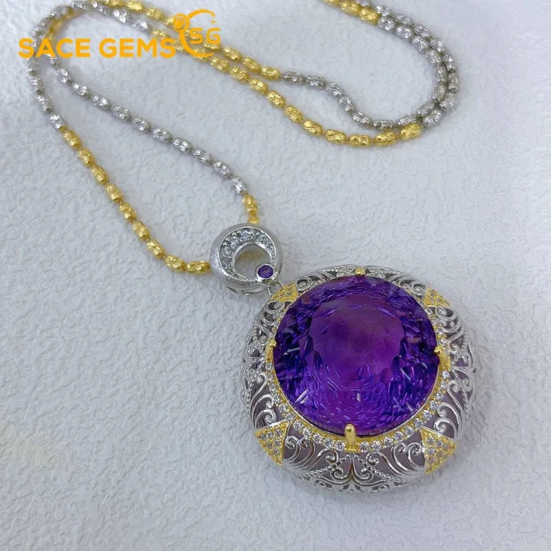 

SACE GEMS S925 Sterling Silver 23MM Natual Amethyst Pendant Necklaces Brooch for Womne Engagement Cocktail Party Fine Jewelry