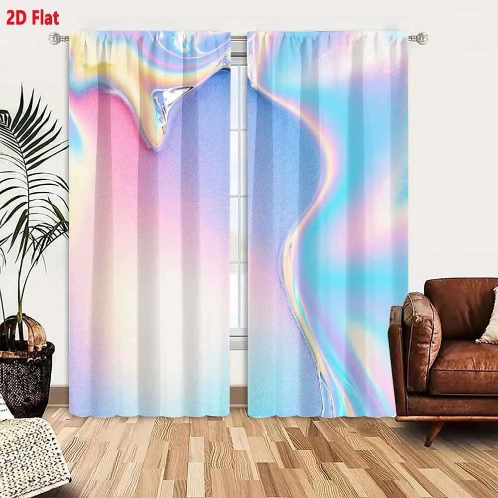 2Pcs Curtains 2D Flat Abstract Iridescent Background With Flowing Liquid Like Shapes Pastel Colors Pink Blue Yellow White Glossy