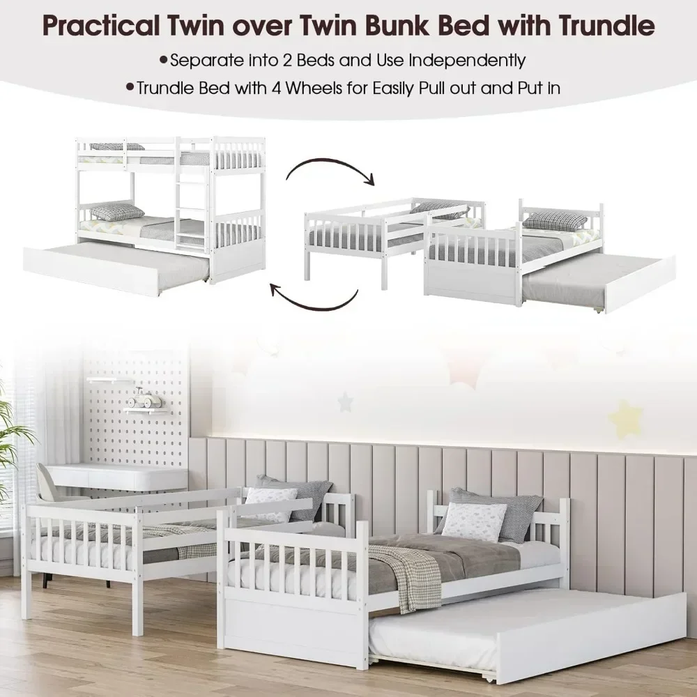 Twin Over Twin Bunk Bed with Trundle, Convertible Platform Bed Frame with Ladder & Solid Wood Frame, No Box Spring Needed, White