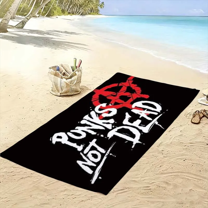 Punk Rock Style Beach Towel Oversized Graphic Print Summer Resort Vacation Mat Black Towel 80x160cm for Beach Party Picnic Mat