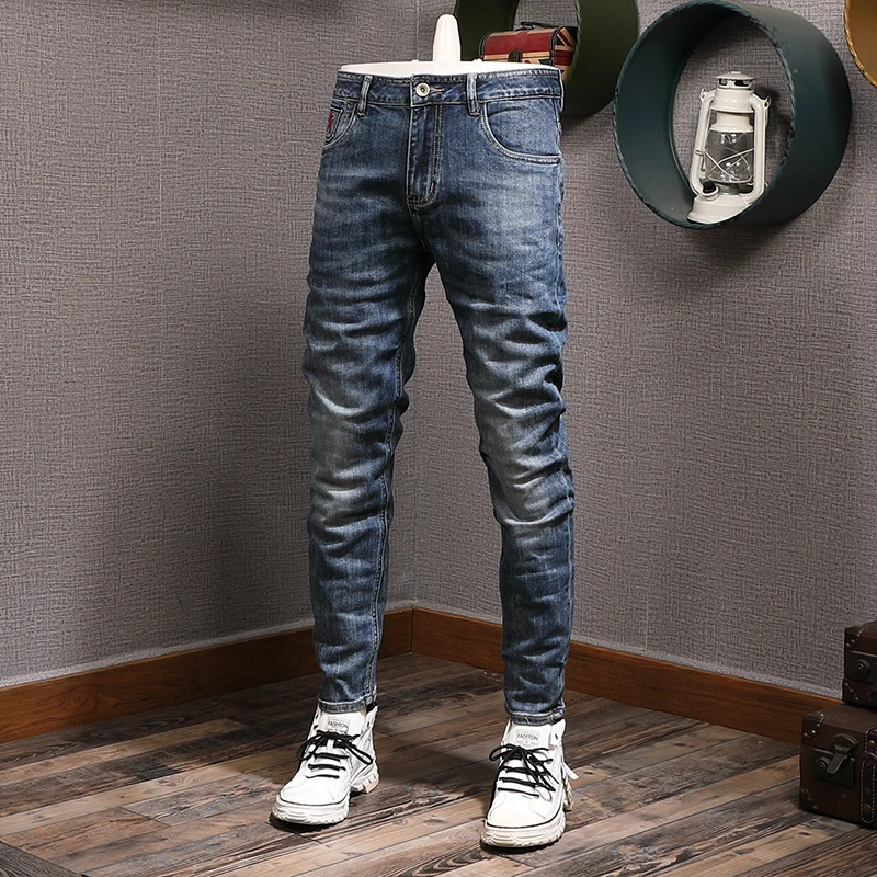 

European Vintage Fashion Men Jeans High Quality Retro Blue Elastic Slim Fit Ripped Jeans Men Casual Designer Denim Pants Hombre